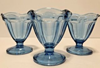 Vintage Set Of 3 Anchor Hocking Blue Ice Cream Sundae Glasses 4 " Tall