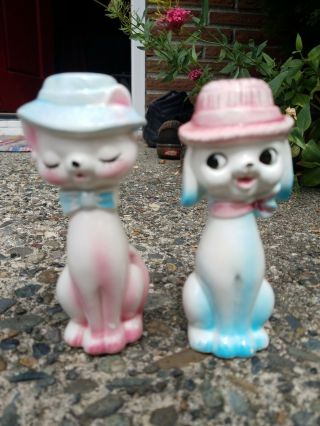 Vintage Anthropomorphic Cat And Dog In Hats Salt & Pepper Shakers Pink Look
