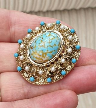 Vintage Art Deco Jewellery Turquoise & Pearl Filigree Gold Brooch Pin