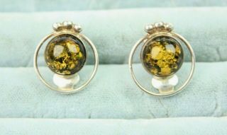 Vintage Pair 925 Silver & Cabochon Amber Clip On Fashion Earrings