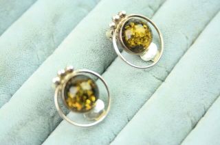 Vintage Pair 925 Silver & Cabochon Amber Clip On Fashion Earrings 2