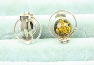 Vintage Pair 925 Silver & Cabochon Amber Clip On Fashion Earrings 3