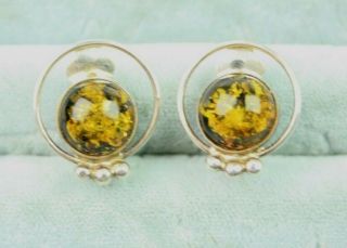 Vintage Pair 925 Silver & Cabochon Amber Clip On Fashion Earrings 4