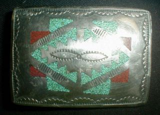 Navajo Vintage 1960s Sterling Silver Inlay Coral Turquoise Belt Buckle Stamp Nr