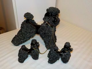Vintage Black Spaghetti Trim Large Poodle Dog With 2 Pups On A Chain