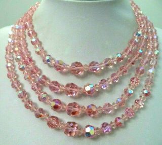 Stunning Vintage Estate High End Ab Pink Crystal 4 Strand 16.  5 " Necklace G780a
