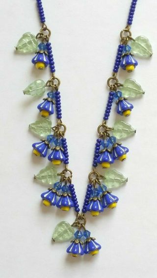 Czech Blue Striped Flower Glass Bead Necklace Vintage Deco Style