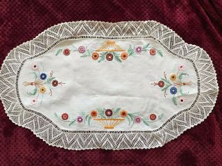 Vintage French Hand Embroidered Doily With Lace Edging 31 " By 18 "