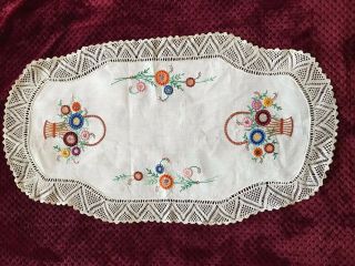 Vintage French Hand Embroidered Doily - Baskets - 30 " By 17 "