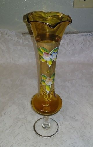 Vtg Bohemian Czech Amber Art Glass Vase Raised Enamel Flowers Leaves Heavy Gold