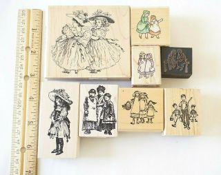 8 Children Kids Of The Past Victorian Stamps Vintage Fishing Bonnets Girls Boys