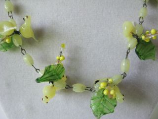 Vintage Italy Yellow & Green Blown Murano Glass Bird Leaf & Berry Necklace 18 "