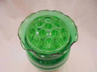 Vintage 2 Emerald Green GLASS FLOWER FROGS w/ Anchor Hocking Beehive Forest VASE 2