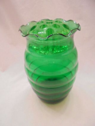 Vintage 2 Emerald Green GLASS FLOWER FROGS w/ Anchor Hocking Beehive Forest VASE 3