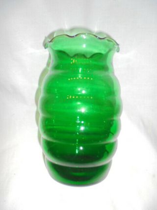 Vintage 2 Emerald Green GLASS FLOWER FROGS w/ Anchor Hocking Beehive Forest VASE 4