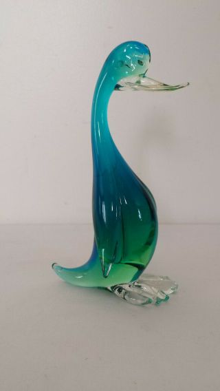 Vintage Mid Century Murano Glass 7 " Duck Swan Figurine Green & Blue