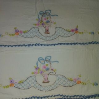 Vintage Embroidered & Crocheted Edge Flower Basket Pillowcases