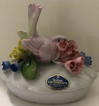 Vintage Italian Nuova Capodimonte Porcelain Trinket Box With Flowers & Bird
