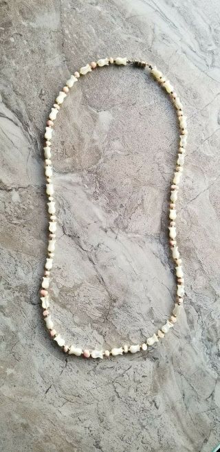 Vtg Pikake Beaded Necklace Carved Mother Of Pearl Flower Beads Angel Skin Coral