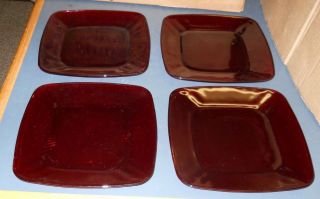 Vintage 4 Anchor Hocking Glass Royal Ruby Red Charm Square Luncheon Plates 8 3/8