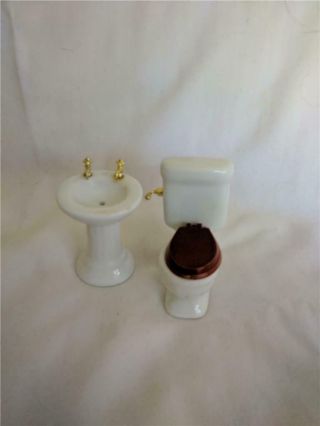 Vintage Porcelain Dollhouse Bathroom Toilet & Sink Gold Faucets Wooden Seat