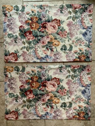 Pair Vintage Ralph Lauren Allison Standard Pillow Cases Multi Floral Blue Ribbon