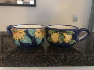 Sara Vietri Italy - Vintage Ceramic 2 Cup Mugs Hand - Painted Blue Fruit Floral