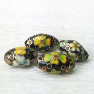 Vintage Black Mixed Color Flowers Cloisonne Chinese Enamel 15x9mm Oval 4 Beads