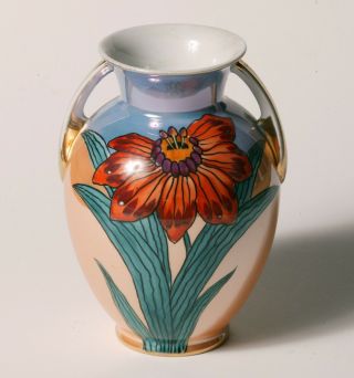 Vintage Art Deco Noritake Vase - Large Deco Flower In Tan And Blue Luster