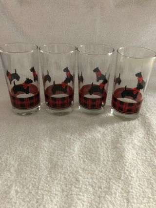 4 Scottish Terrier Drinking Glasses Fitz Scottie Dog Red Plaid Vintage 12 Ounces