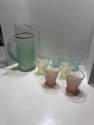 Vintage Blendo Cocktail Pitcher Frosted Pastels And Set Of 6 Glasses Retro