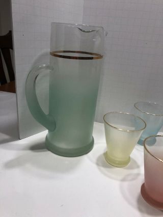 Vintage Blendo Cocktail Pitcher Frosted Pastels And Set Of 6 glasses Retro 2