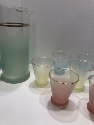 Vintage Blendo Cocktail Pitcher Frosted Pastels And Set Of 6 glasses Retro 3