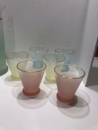 Vintage Blendo Cocktail Pitcher Frosted Pastels And Set Of 6 glasses Retro 4