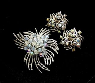 Vintage Coro Demi Parure Rhinestone And Silver Tone Brooch Pin And Earrings Ab