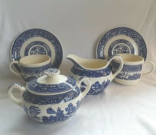 Vintage Blue Willow Pattern Tea Cups And Saucers Sugar Bowl Creamer Coffee Usa