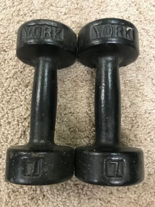 Two Vintage York Iron 7lbs/pound Round Head Dumbbell/ Hand Weights - Cool