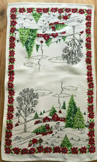 Vintage Christmas Tea Towel Snow Sleigh Ride Tree Gold Red Poinsettia