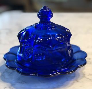 Mosser Cobalt Blue Cherry Art Covered Glass Butter Dish Vintage