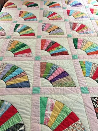 Bright Colorful Vintage Handmade Fan Of Friendship Quilt 69 " X 83 "