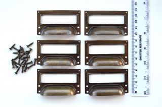 A Set Of 6 Vintage Aged Brass Filing Cabinet Label Holder Drawer Pull Handle Fd2