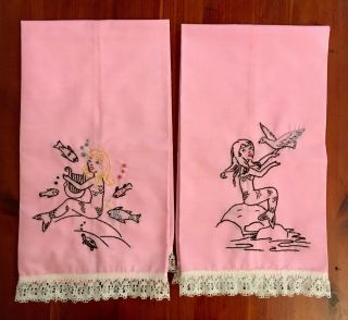 Vintage Mcm 1950s 1960s Mermaid Hand Towels Pink Embroidered Lace