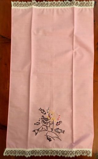 Vintage MCM 1950s 1960s mermaid hand towels pink embroidered lace 5