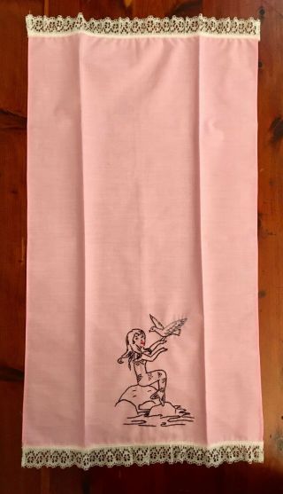 Vintage MCM 1950s 1960s mermaid hand towels pink embroidered lace 6