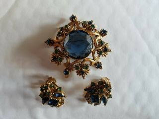 Vintage Florenza Brooch & Clip Earrings Blue And Green Rhinestone Set