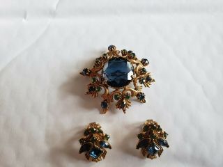 Vintage Florenza Brooch & Clip Earrings Blue and Green Rhinestone Set 3
