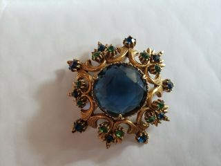 Vintage Florenza Brooch & Clip Earrings Blue and Green Rhinestone Set 4