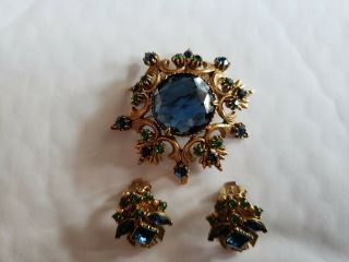 Vintage Florenza Brooch & Clip Earrings Blue and Green Rhinestone Set 5