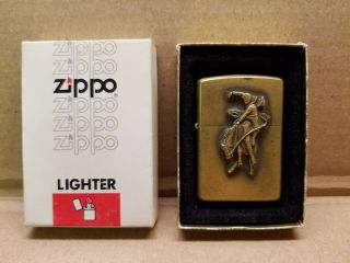 Vintage Zippo Marlboro Man On Bronco Solid Brass Lighter L Ix W/ Box Usa