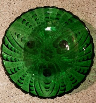 Set Of 2 Vintage Depression Emerald Green Glass Footed Bowls Dots 8.  5 " & 6.  25 "